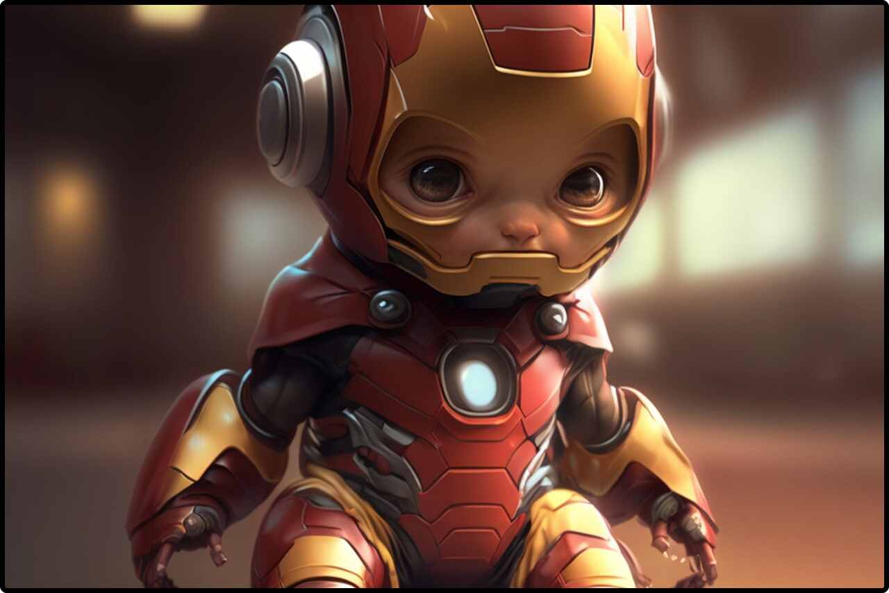 Cute baby in a miniature Iron Man suit.